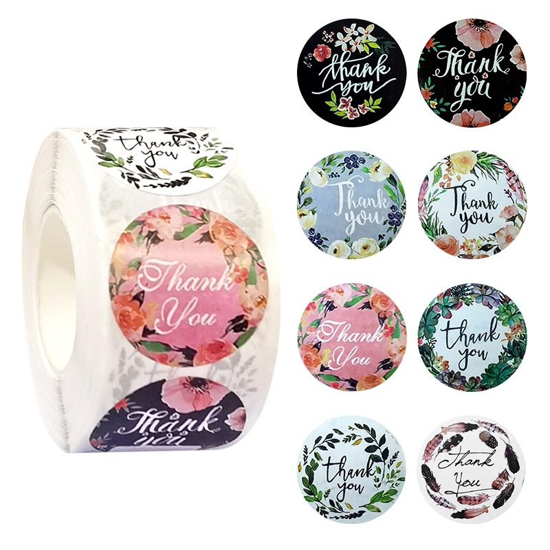 ม้วนแสตมป์ขอบคุณ 500 ดวง ม้วนสติ๊กเกอร์ขอบคุณดอกไม้สุดน่ารัก 500 ดวง สติ๊กเกอร์