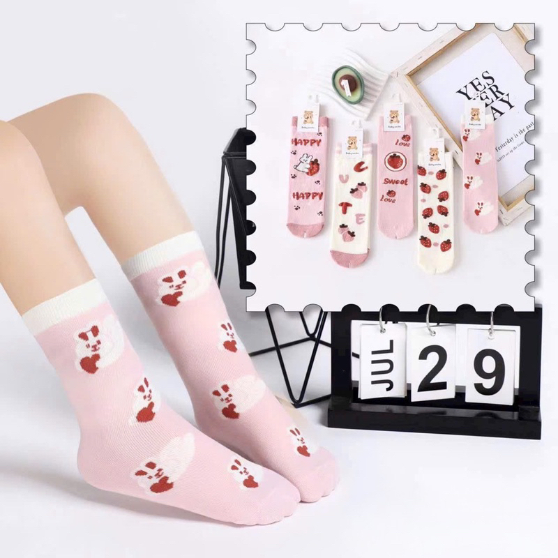 ชุดถุงเท้าสูงผ้าฝ้ายต้นขา 5 คู่ลายกระต่ายสตรอเบอร์รี่สีชมพูสําหรับเด็กผู้หญิง te59 Ht.store1990