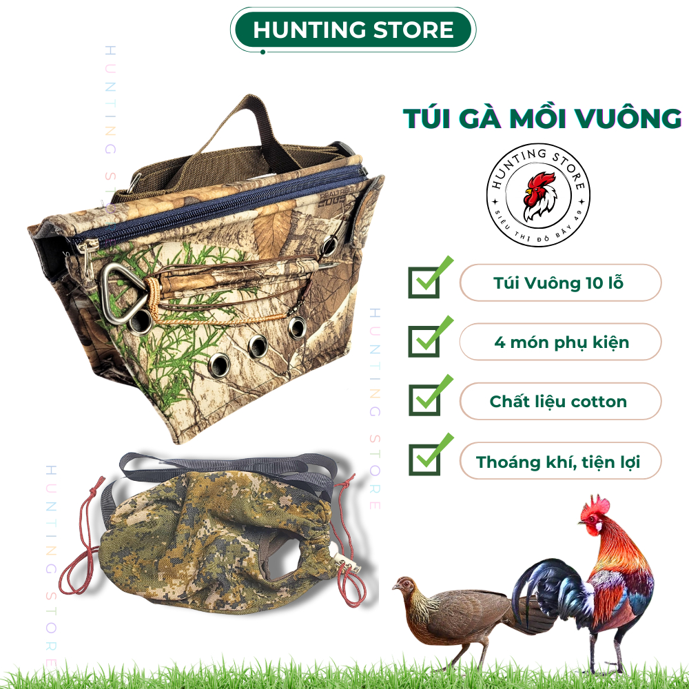 กระเป๋าใส่เหยื่อไก่ป่ารุ่นกระเป๋าสี่เหลี่ยม10หลุมพร้อมอุปกรณ์4ชิ้น-ร้านล่าสัตว์