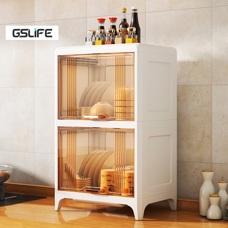Gslife ชั้นวางจานชั้นวางพร้อมถาดระบายน้ําชั้นวางของในครัวตู้ประตูโปร่งใส