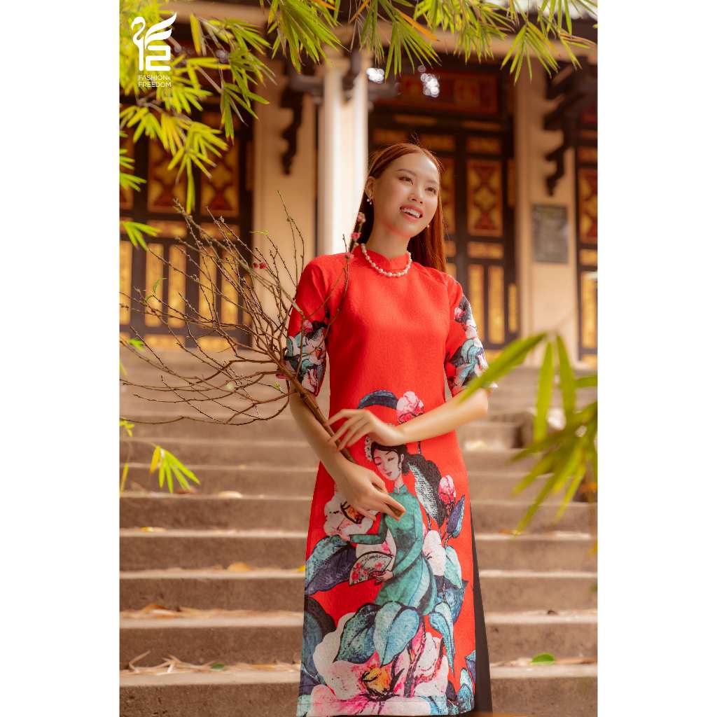 F2 แฟชั่นผู้หญิง Ao Dai & Freedom ผ้าโบรเคดสีแดงฤดูใบไม้ผลิกลิ่นหอมรอบคอแขนหลวม,ศิลปะดอกไม้สาวรูปแบบ