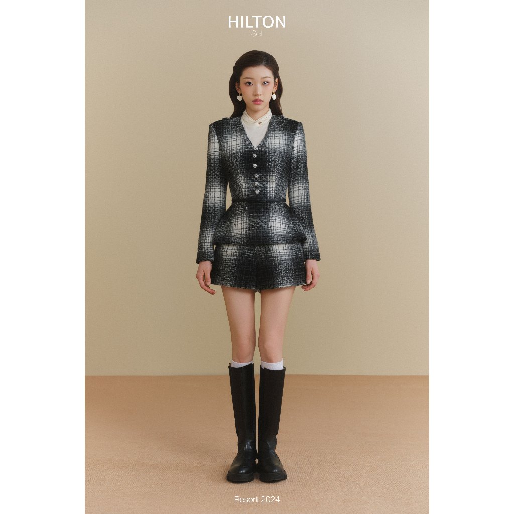 Joie DES ROSES - เสื้อคอวี Set with peplum tartan hem and Button with bow belt and short with bags Hilton Set