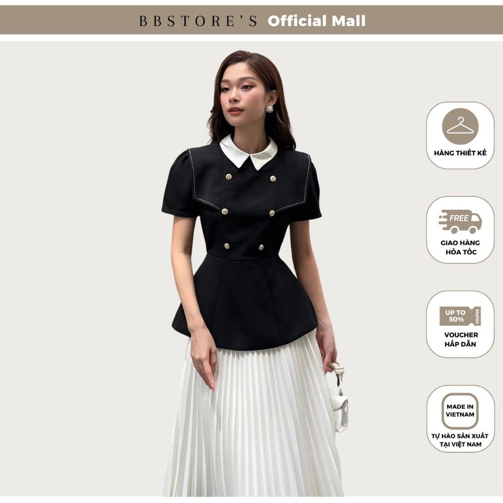 เสื้อเชิ้ต Peplum แขนพัฟปุ่มสีขาวหรูหราของ Bbstore -A2596