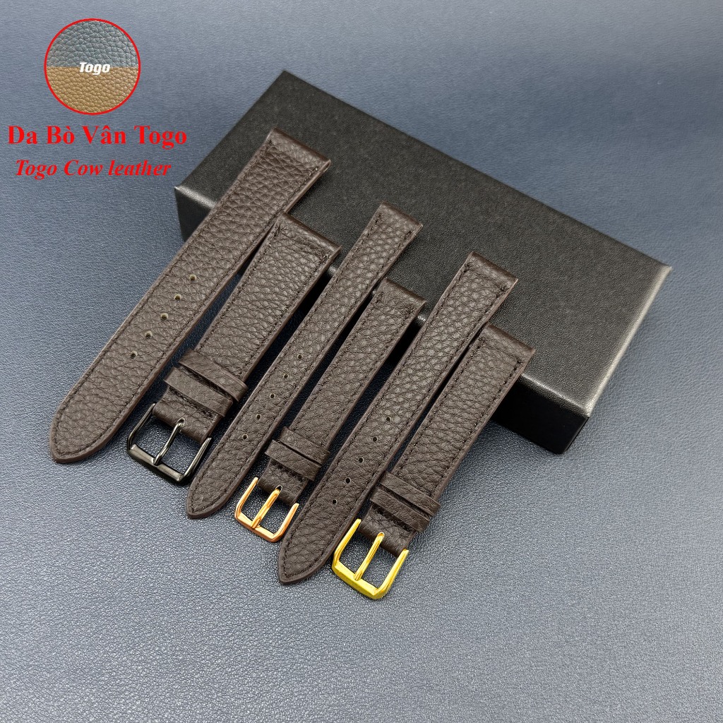 (Earth Brown - Thin fit) สายนาฬิกาหนังวัวแท้ Togo grain หรูหราหลายขนาด 10 12 13 14 15 16...20 22 24mm