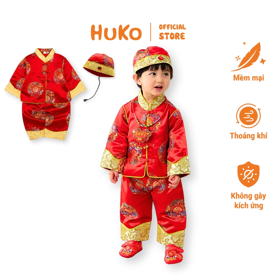 HUKO HSE170 Boys Mid-Autumn Festival Set - ผ้าคอจีนโทนแดง ขอบทองสุดหรู มาพร้อมหมวกสําหรับเด็ก 7–14Kg