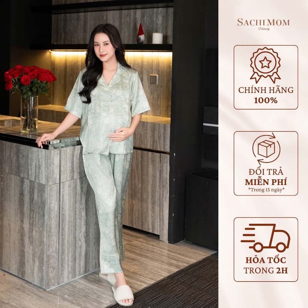 SACHIMOM - ชุดชุดนอนการตั้งครรภ์และหลังคลอดสําหรับเด็ก Tuti Silk Violet Pattern PYJAMA