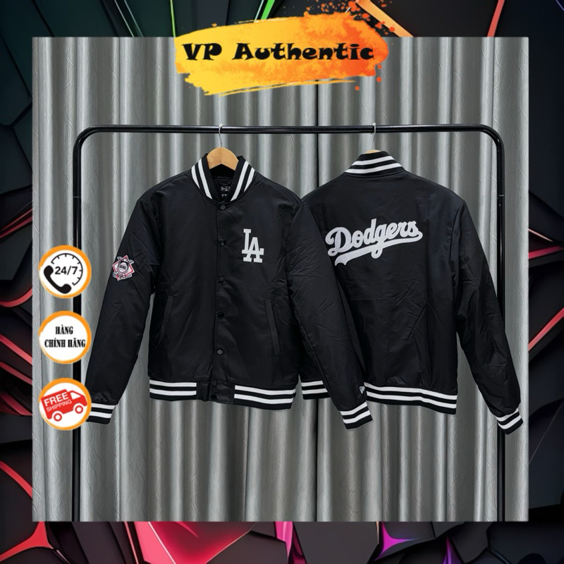 [ ของแท้ ] New Era LA Dodgers Basic Bomber Jacket Logo ปักผ้าร่มชูชีพผ้าฝ้ายสีดําซับ Auth (VP Authen