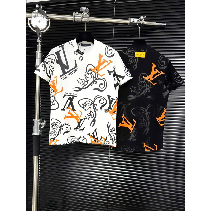 เสื้อยืดผู้ชายคุณภาพสูงพร้อมสีส้มสีดําเต็มรูปแบบ LV PATTERN PRINTED