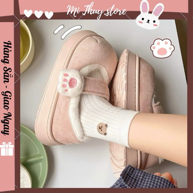 Mi Thuy Store รองเท้าผ้าฝ้ายผู้หญิงสําหรับไปโรงเรียนและออกไปบนถนนพร้อมสายรัดรูปอุ้งเท้าแมวน่ารัก CAT