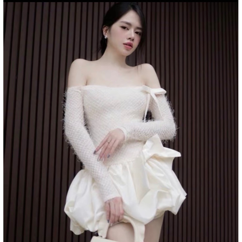 เดรสลูกไม้ขนเปิดไหล่สวยมากพร้อมโบว์สไตล์ผู้หญิงน่ารักและผู้หญิงชุดคริสต์มาสชุด เท็ต
