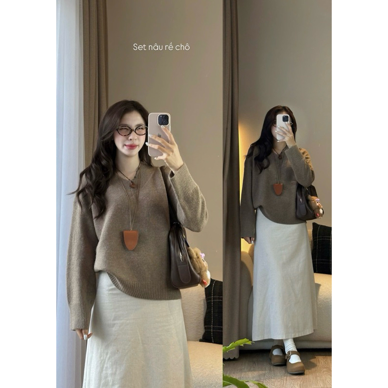 [OLDSCHOOL PHOTO] เสื้อสเวตเตอร์ขนกระต่ายแบบสวมคอวีแขนหลวม (รูปถ่ายจริง)