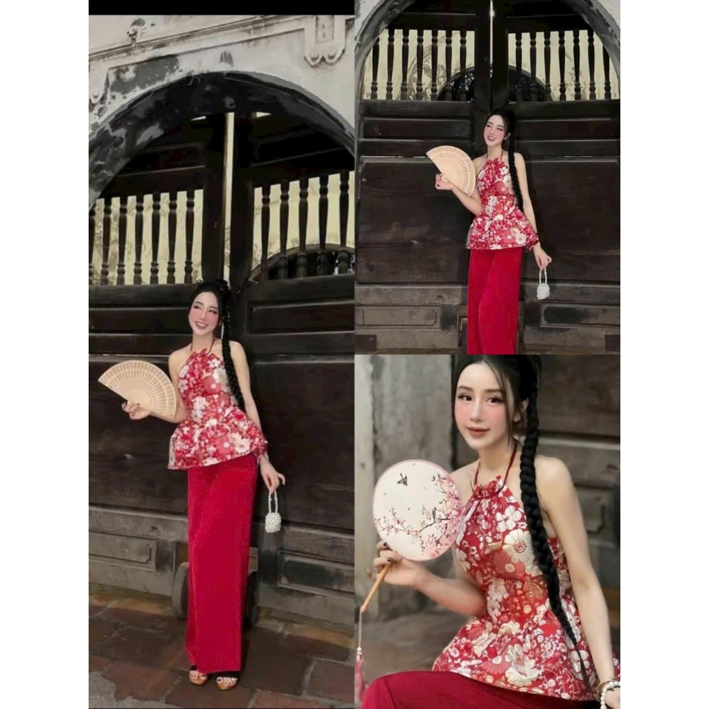 Ao dai Set สไตล์จีน เสื้อ damask คุณภาพสูง คล้องคอ รวมกางเกงไหมแดง ผ้าลื่น สวยอ่อนเยาว์