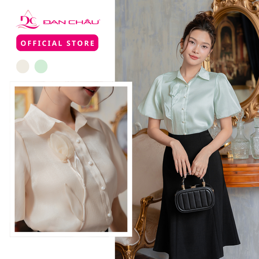 Dan Chau 6065 เสื้อเชิ้ตผู้หญิง สไตล์เสื้อเชิ้ต 2 ชั้น ลายดอกไม้ที่หน้าอก ผ้าไหมเมทัลลิก ไซส์ SML XL 2XL