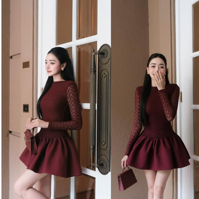 Dnc RED DNC เดรสลูกไม้ตาข่ายแขนยาวพร้อมกระโปรงหลังบาน, RE-SEWED, ชุดเดรสแขนยาวตาข่ายคริสต์มาสของผู้หญิง
