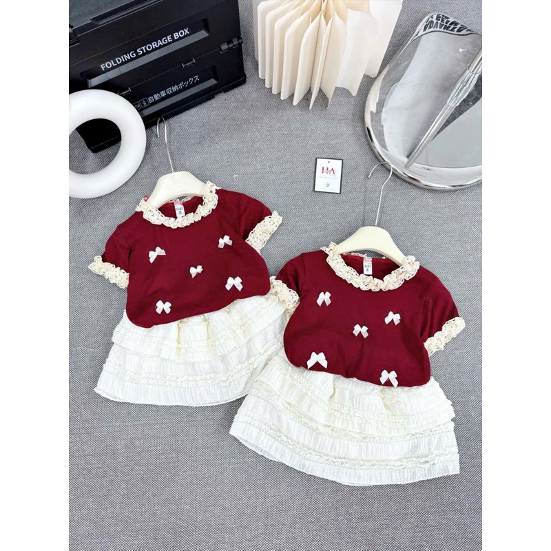 ชุดเสื้อเบลาส์คอปกโบว์ลูกไม้ CS290, LT290, CS729 กระโปรงลูกไม้ 2 ชั้นสําหรับเด็กผู้หญิง