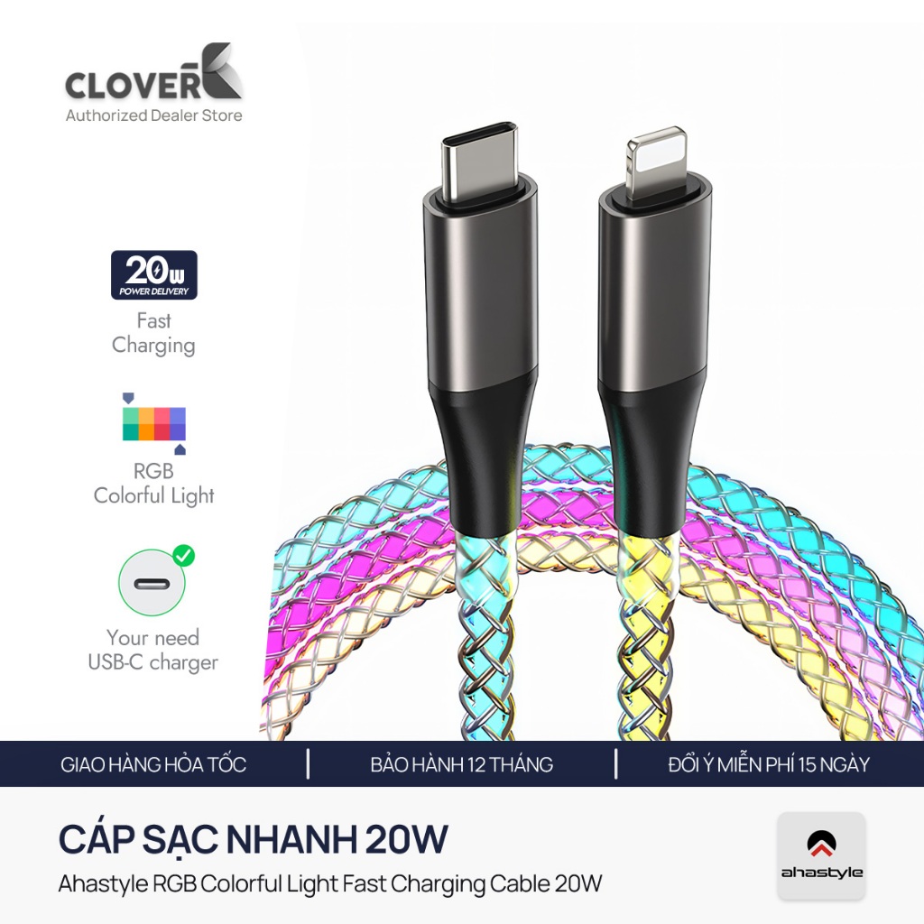 AhaStyle RGB สายชาร์จแบบใสสําหรับ iPhone 8 Pin PD Port 27W
