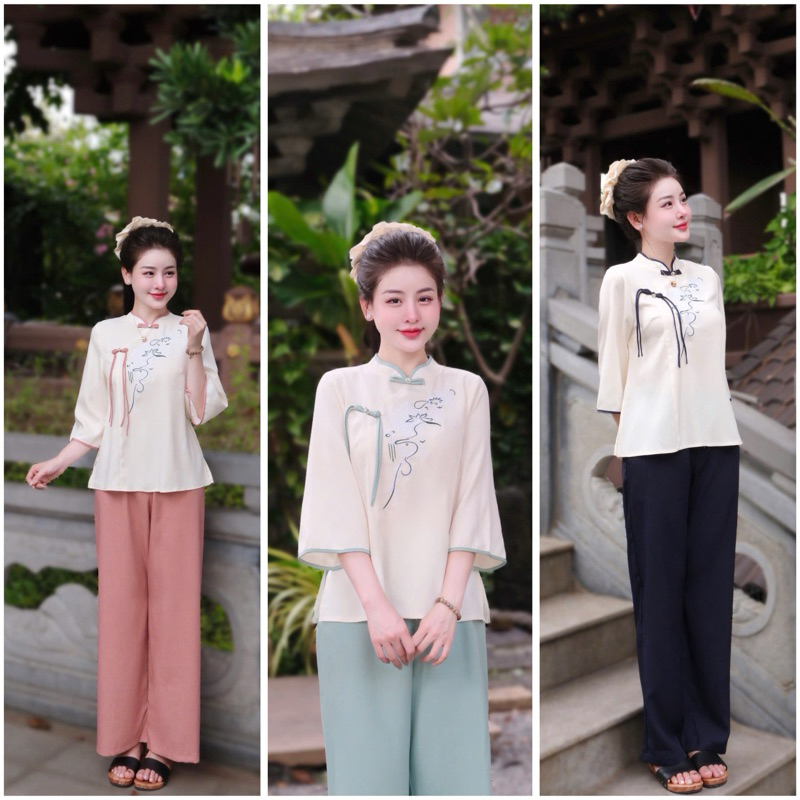 ชุดเสื้อผ้าสตรีสีฟ้าจีนโบราณปักดอกไม้ฝรั่งเศสไทยชุดวัดผู้หญิงแขนสั้นเลื่อนชุดพิธีวัดเลดี้ที่สง่างาม