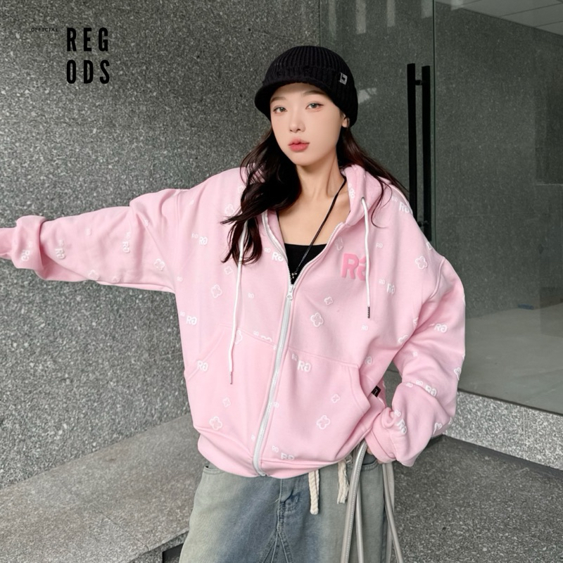 Hoodiezip เสื้อแจ็คเก็ตครอปซิปสักหลาด ซับในผ้าฝ้าย นูนและปัก REGODS ทรงครอป unisex สําหรับผู้ชายและผู้หญิง ผ้าฝ้าย 370gsm รู้สึก - ปักซิป Hoodie