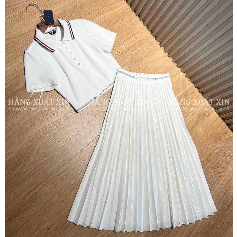ชุดผู้หญิงเสื้อโปโลชายกระโปรงมิดิจีบเอวตัวอักษรผ้ายืดนุ่ม