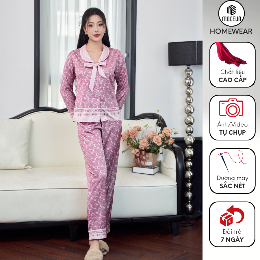 Moc Eva ชุดนอนดีไซน์แขนยาว ผ้าไหมธรรมดาคุณภาพสูงคอปกโบว์ LXD12410