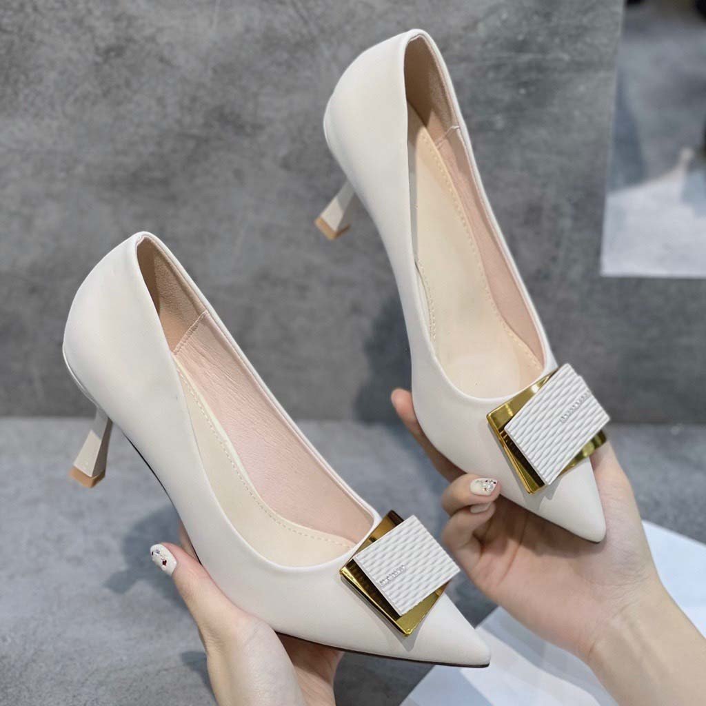 รองเท้าส้นสูงหัวเข็มขัดทรงสี่เหลี่ยมหัวปิดสําหรับผู้หญิง Lovely 5P และ 7P พร้อมหิน - รหัส Caogot888