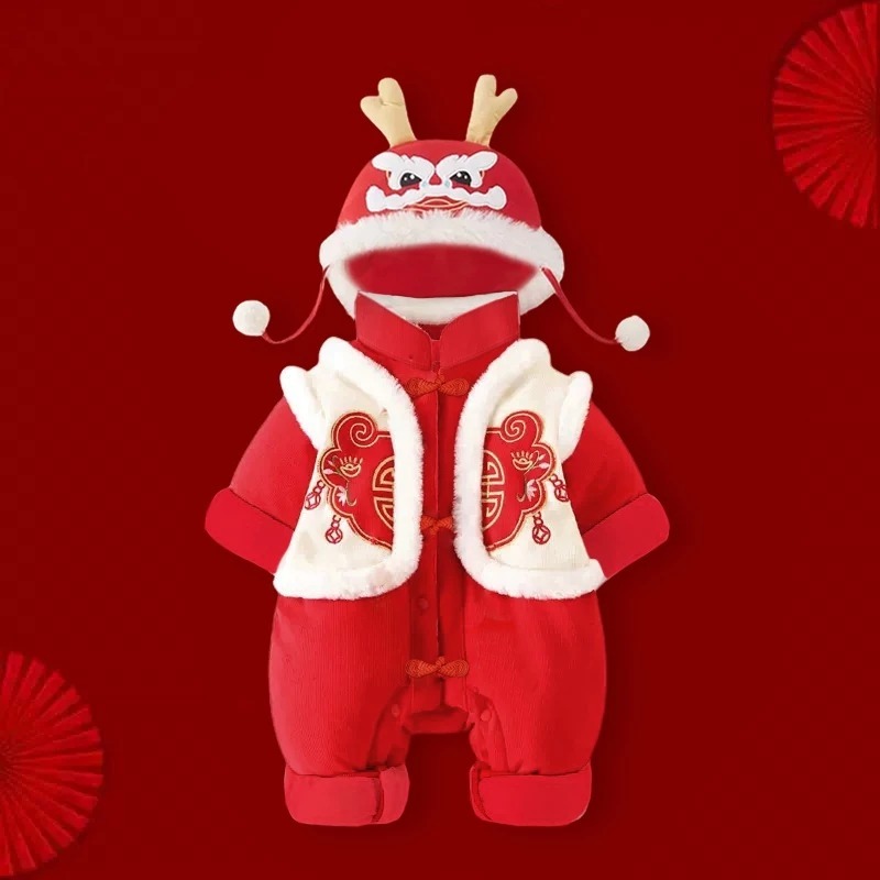 ปีใหม่ฟอร์จูนบอดี้สูท 2025 ซับในขนแกะผ้าฝ้ายที่อบอุ่นสําหรับเด็ก, ชุดบอดี้สูท มาก สําหรับชายและหญิง, เสื้อผ้าเด็ก 3-12 กก