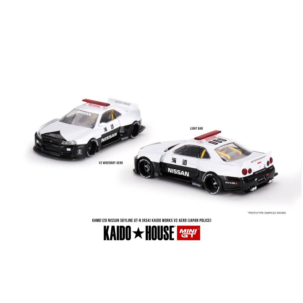 1:64 MINI GT MODEL - Nissan Skyline GT-R R34 Kaido Works (V2 Aero) ตํารวจ
