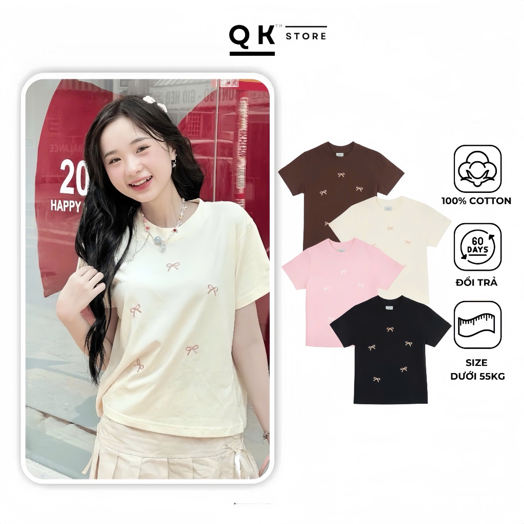 Baby Tee พิมพ์โบว์น่ารัก ผ้าฝ้าย 100% ยืด 4 ทาง - QK STORE