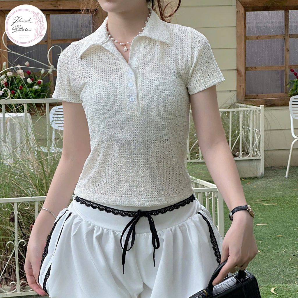 เสื้อยืดแขนสั้นคอปกเปิดลง PINKSTORE29 Basic Style A51230