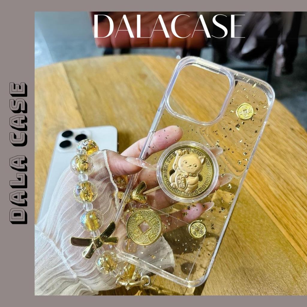 [Tet Case] Lucky Cat Gold Emulsion Clear Case with Pearl Rope