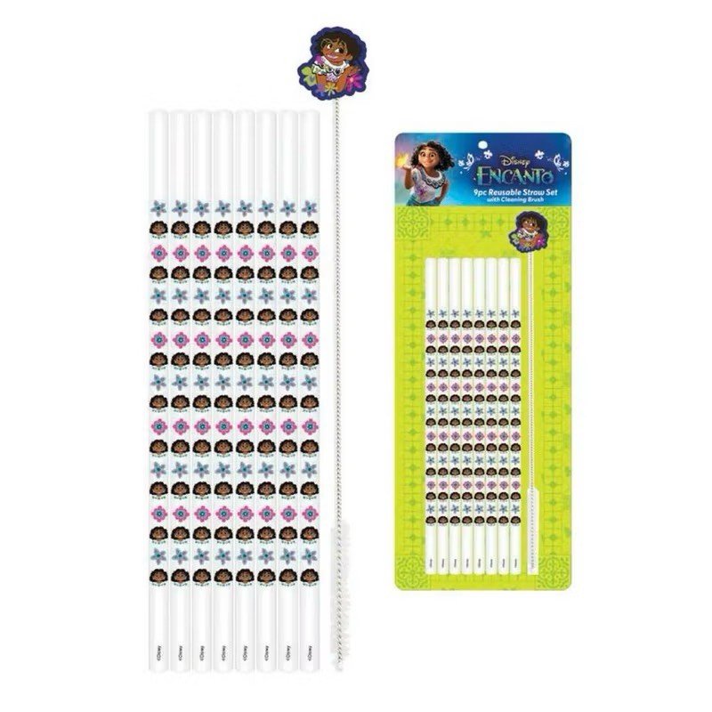 ชุดฟางนํากลับมาใช้ใหม่ได้ Disney Encanto 9 ชิ้นพร้อมแปรงทําความสะอาดใหม่