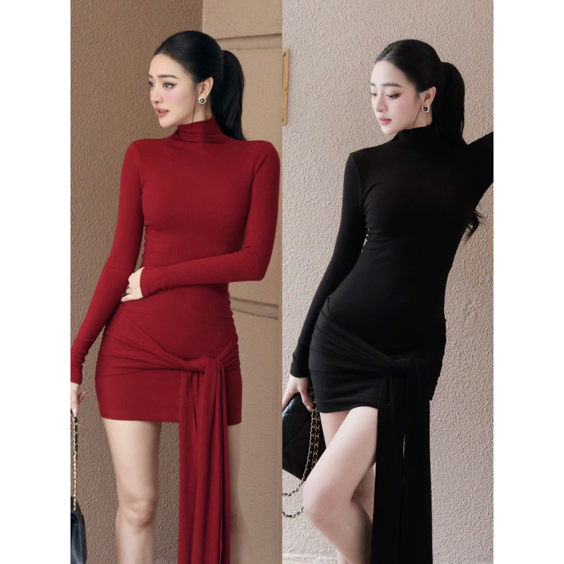 เดรสบอดี้คอนคอสูงแขนยาวพองเข้ารูปสวยสุดๆพร้อมเนคไทยางยืด