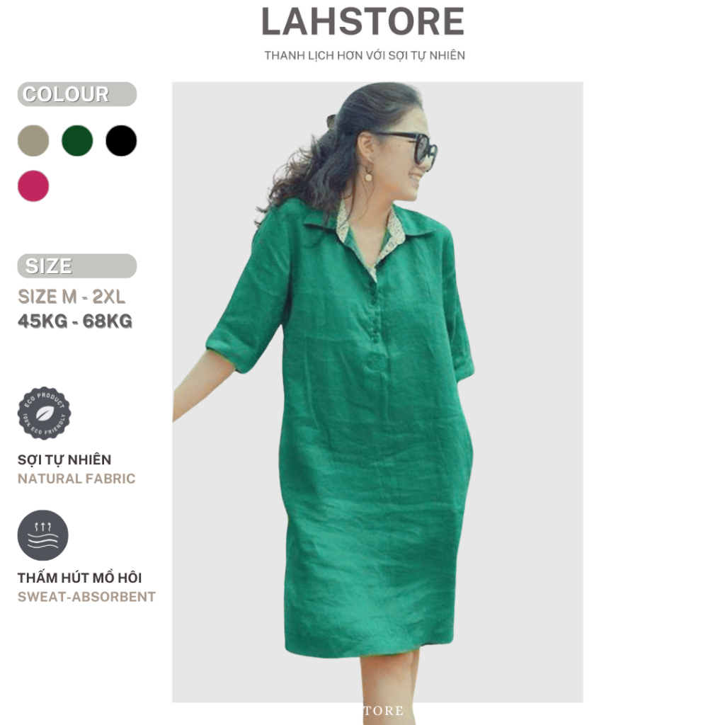 LAHSTORE เดรสผ้าลินินทรงตรงคอปกเชิ้ตและแขนสั้นวัยรุ่น DS01 (สีเขียว, Pink Lotus, Black)