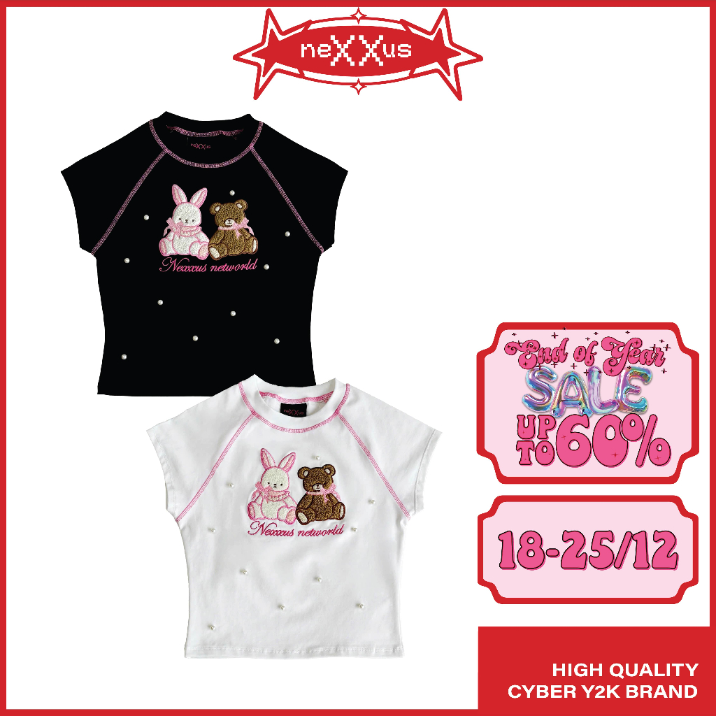 Nexxus Rabbit Croptop Baby Tee แขนสั้นปักระบายและมุก (Freesize)
