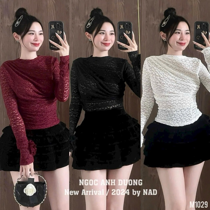 เสื้อลูกไม้คอปกระบายแขนดอกไม้นูน เสื้อกันหนาวลูกไม้สไตล์ 3P AT7654-E2TH- NhiNhi Shop