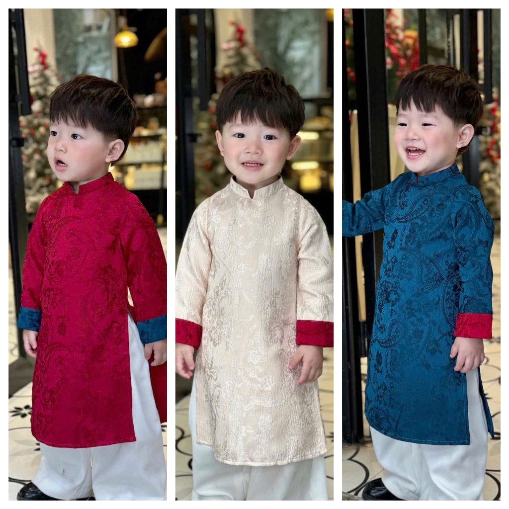 Tet and Mid-Autumn ao dai สําหรับเด็กผู้ชาย - ผ้าโบรเคดไทย โมติฟดอกไม้ลายนูนคุณภาพสูง - 3 สี - Thu H