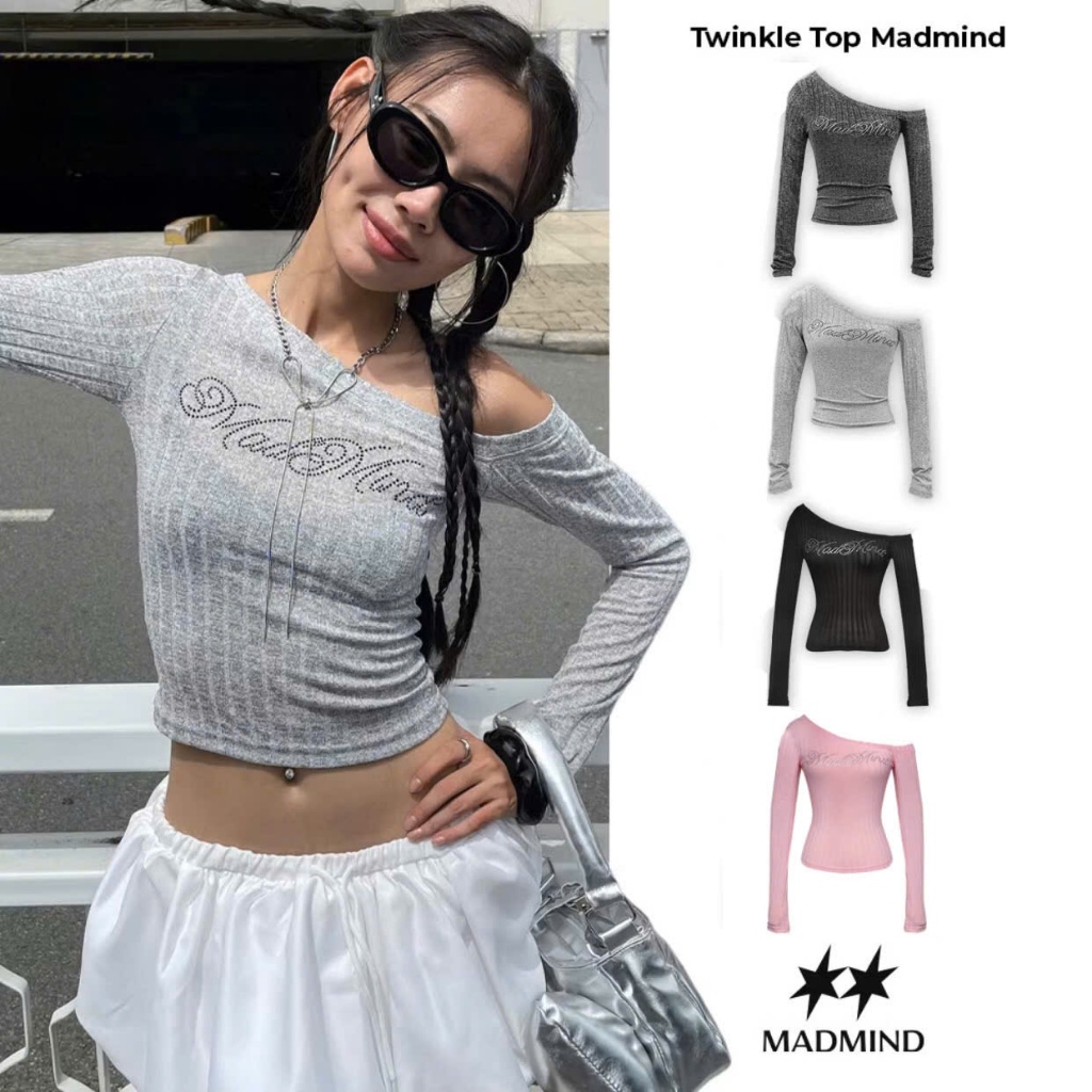 [ สีใหม่ ] ผู้หญิงแขนยาวปิดไหล่ Bodycon Twinkle Rhinestone เสื้อยืด Top MADMIND - One Side Off Shoulder Top สีดํา / สีเทา / สีชมพู