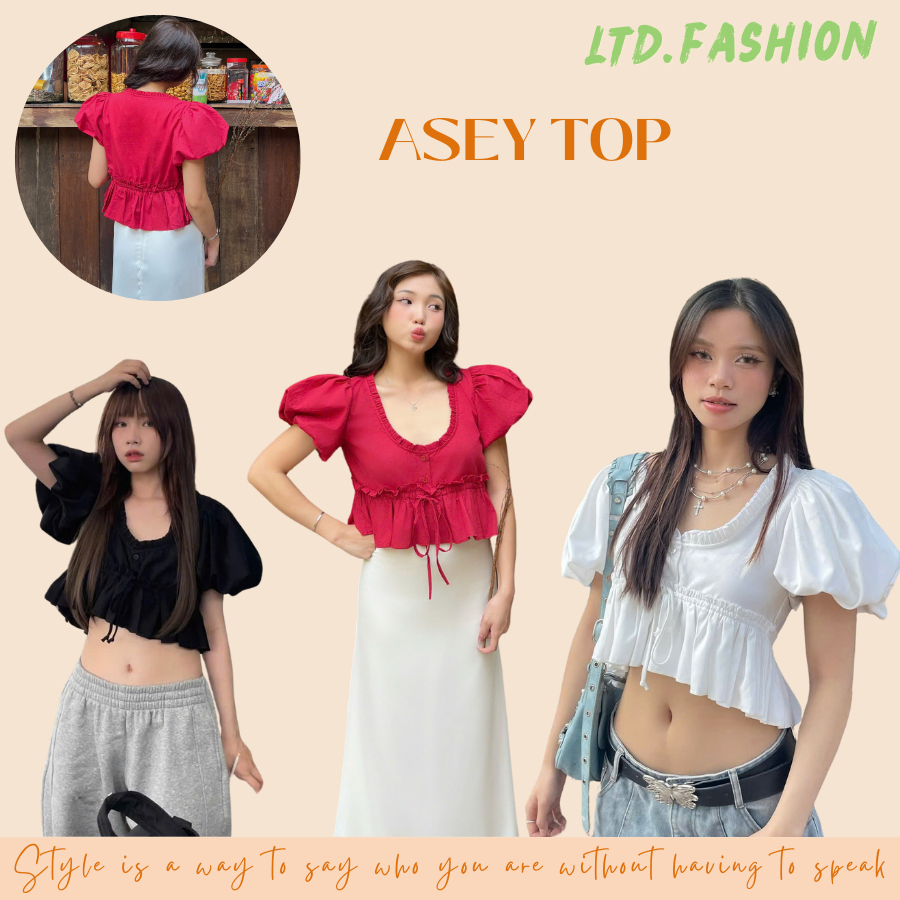 U-NECKLACE Puff Sleeve Crop TOP - LTD.FASHION - ASEY TOP