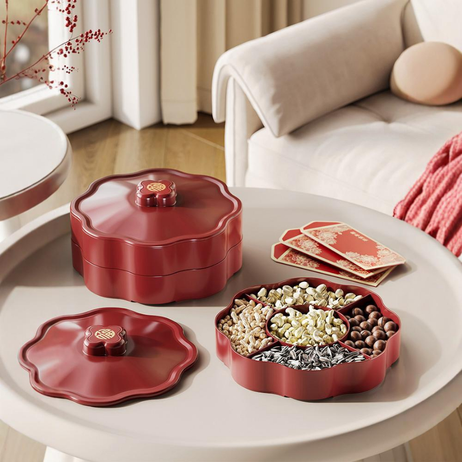 2025 Confectionery Tet Jam Tray Peach Blossom Shaped Tet Jam Box ราคาถูกสีแดง Tet ตกแต่งห้องนั่งเล่น