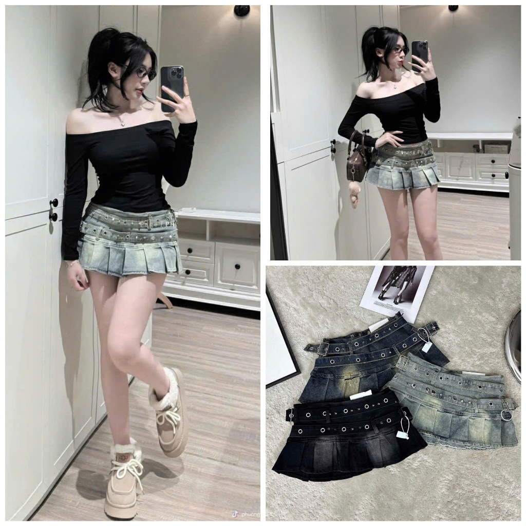 Peaches STUDIO QCCC QCL1 CV0557 6775 กระโปรงยีนส์บานเข็มขัดคู่