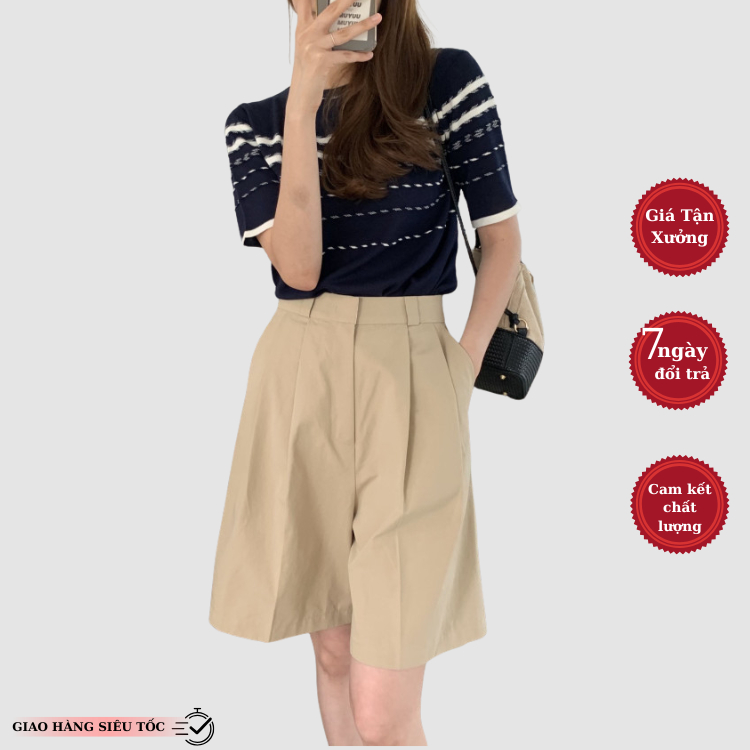 HUNALY เสื้อสเวตเตอร์แขนสั้นผู้หญิง (รอบคอถักเนื้อยืดและลายขวาง M57 D2-1 T10T3 N02 T10T4