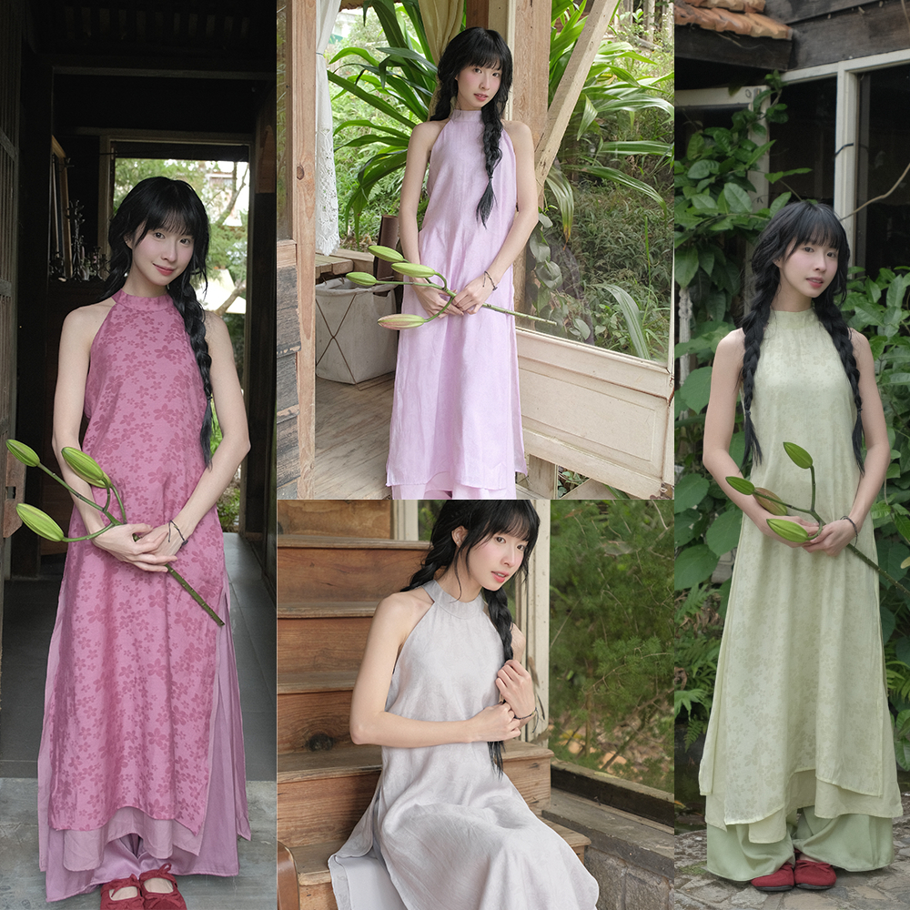 Man Hoa ao dai Set - คอตรงผูกโบว์ ผ้าไหมเนื้อนุ่ม