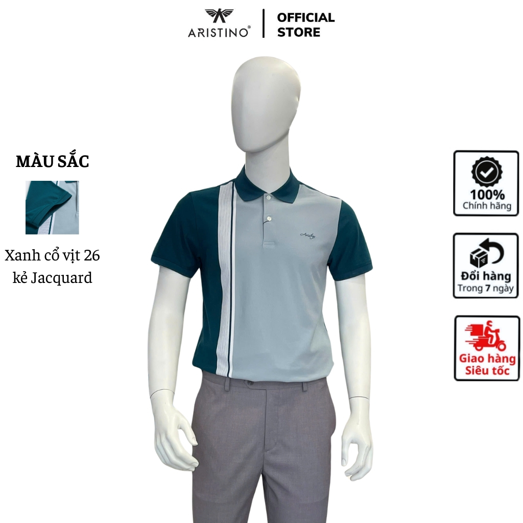 Aristino APS052AZ เสื้อโปโลผู้ชายคอปกเปิดลง ทรงหลวม ผ้าโพลีเนื้อนุ่ม ลายทางสีน้ําเงิน
