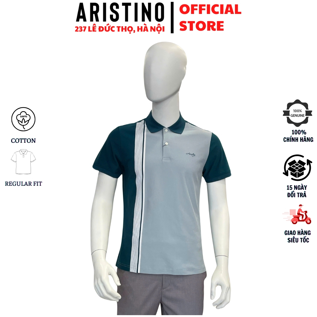 Aristino APS052AZ เสื้อโปโลผู้ชายแขนสั้นคอปกเปิดทรงหลวมเสื้อยืดโพลีคุณภาพสูงสีฟ้าทีล