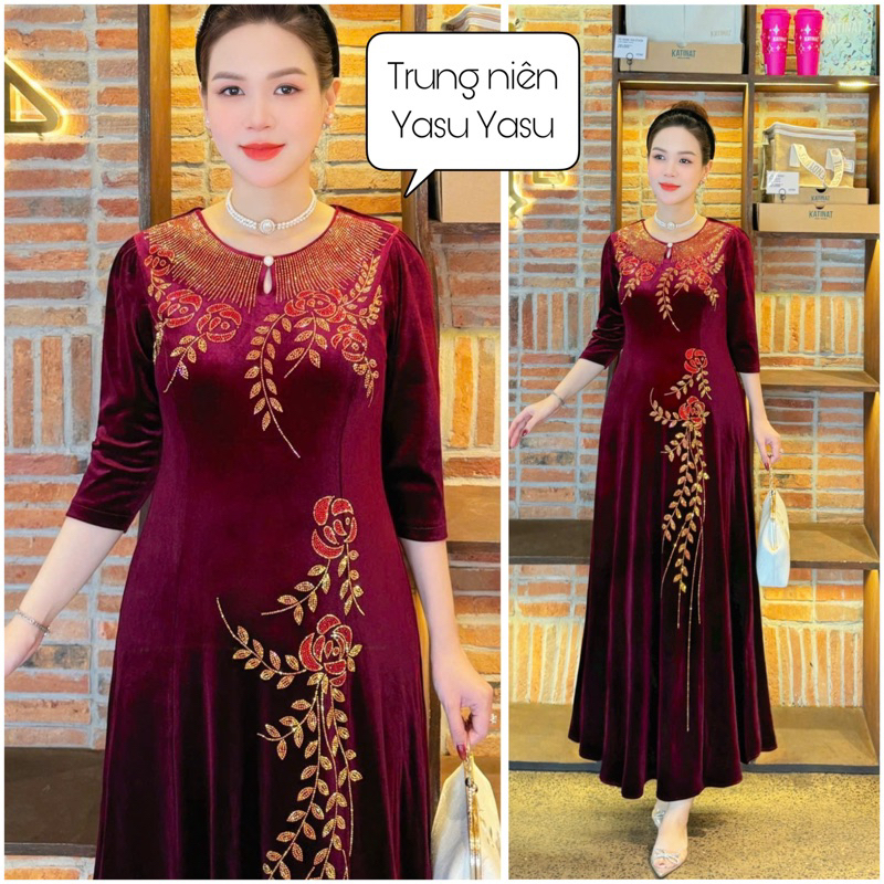 Yasu ชุดเดรสกํามะหยี่กลางอายุชุดกํามะหยี่หรูหราสําหรับคุณแม่ชั้นสูงพร้อมหินหรูหราชุดปาร์ตี้วัยกลางคน