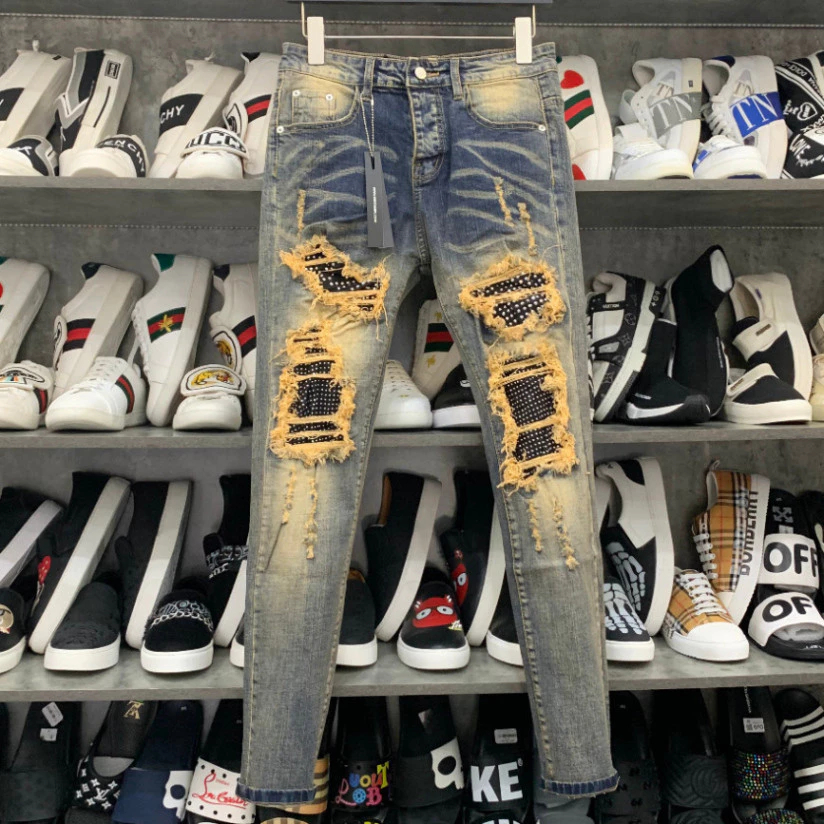 ️Hot ️AMIRI Slimfit Mens Jeans 4 Smoke Blue Buttons Ripped Tassels Most Classy Patched Amiri Jeans 8