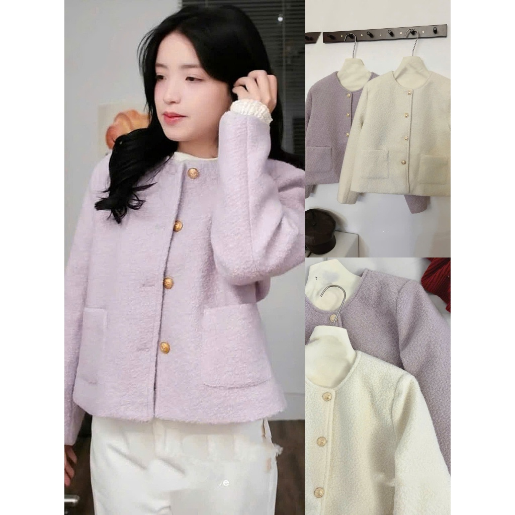 เสื้อคลุมทวิตผู้หญิง ก.696 เสื้อคลุมขนเฟอร์แขนยาว คอกลม กระเป๋าสะโพก ฝาเหลี่ยม และกระดุมทองแดง - ร้านลายจุด