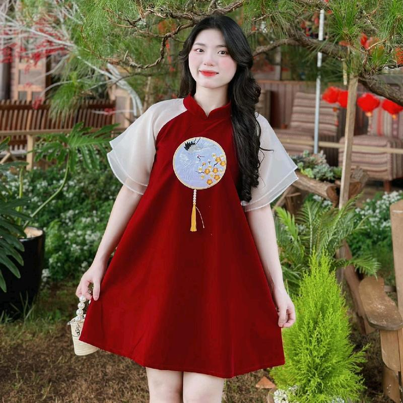 Bare_women ชุดเดรสกํามะหยี่ babydoll สไตล์นวัตกรรม Tet และ Charm for Tet น่ารักสุดๆ - D033