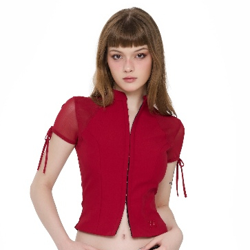 เสื้อ Shebyshj คอปกรถไฟสีแดงและตาข่ายสีแดง - Sunny Top