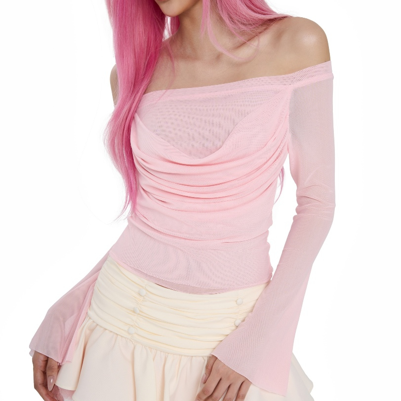 Shebyshj เสื้อเชิ้ตตาข่ายแขนยาวเปิดไหล่สีชมพู - Sophia Top